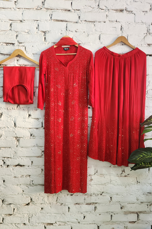 Red Chikankari Kurta Palazzo Set with Dupatta