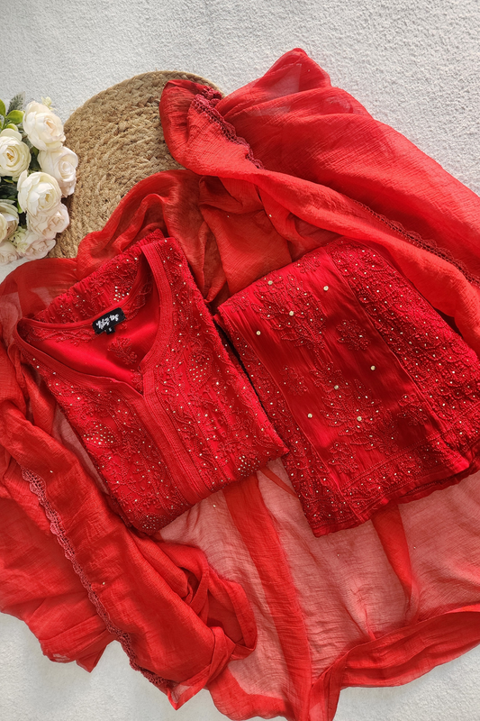 Red Chikankari Kurta Palazzo Set with Dupatta