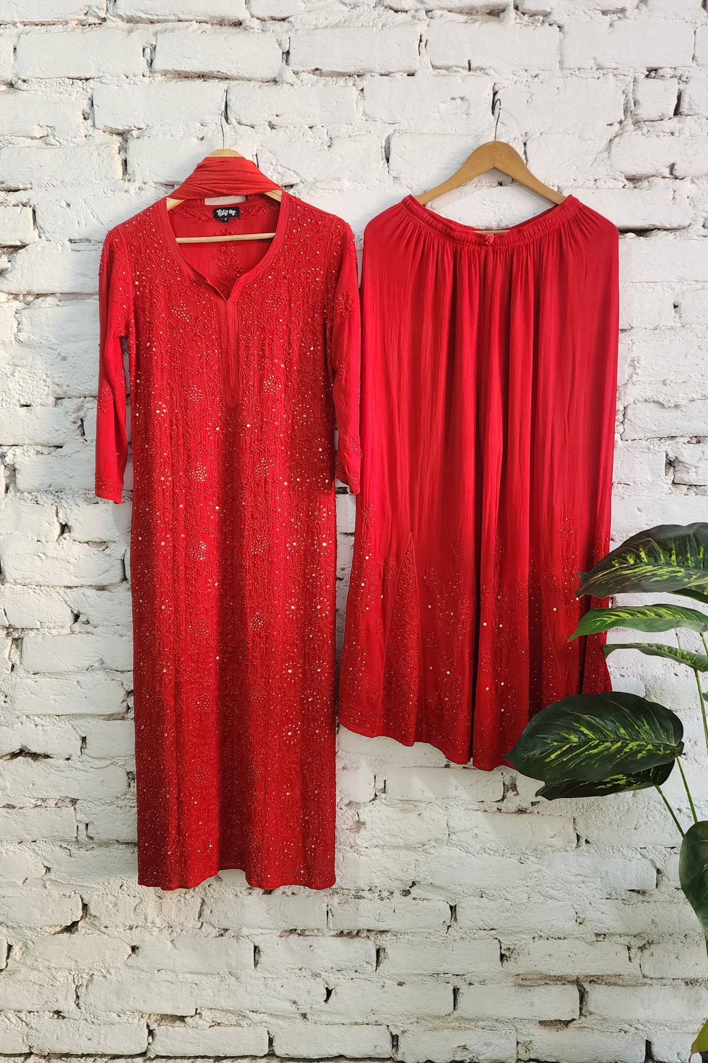 Red Chikankari Kurta Palazzo Set with Dupatta