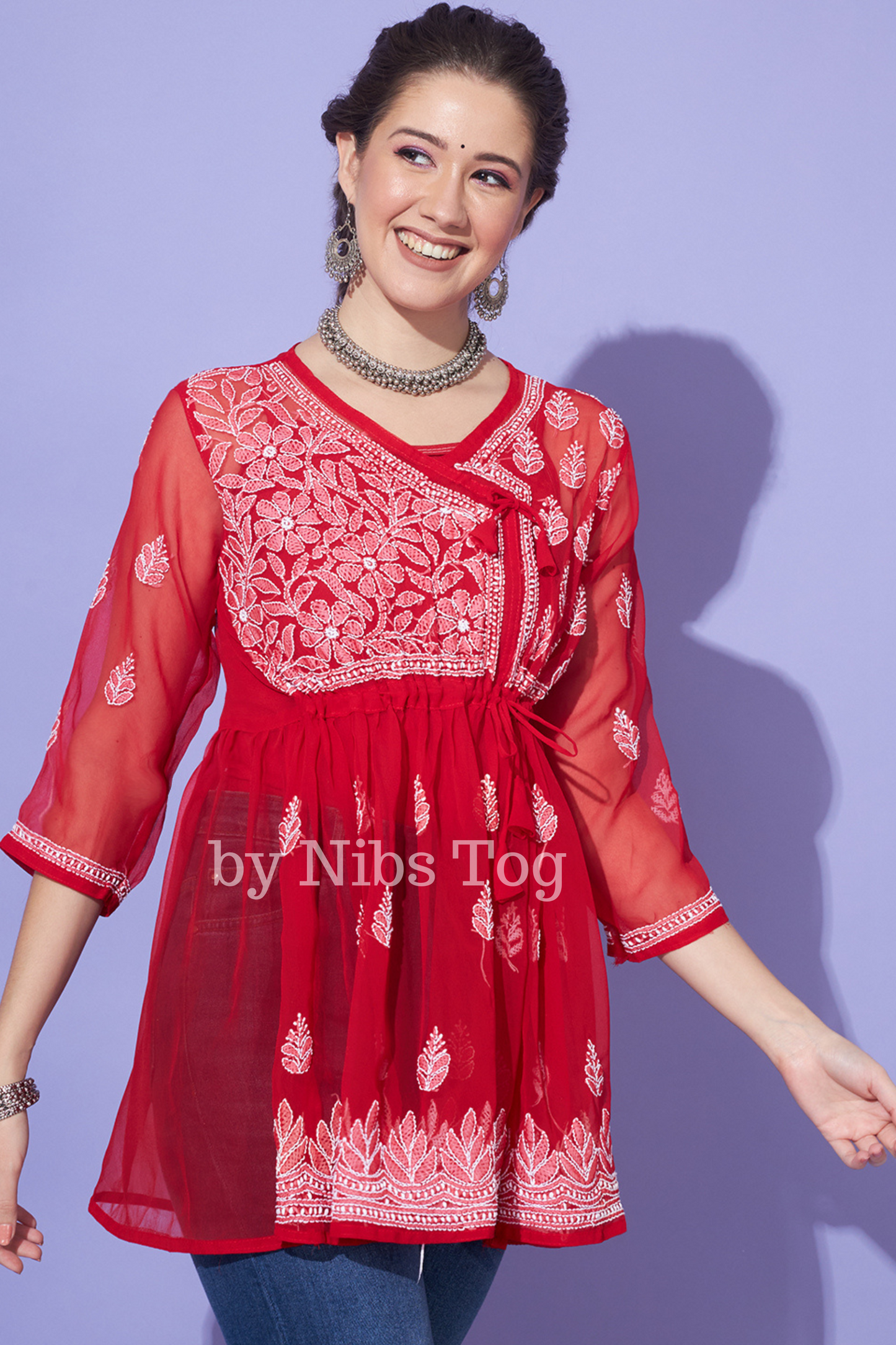 Red Chikankari Short Kurta Georgette Angrakha Style with Camisole