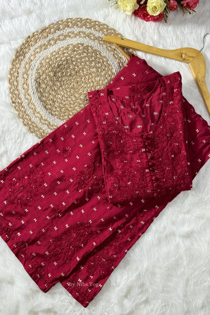 Silk Chikankari Kurta Palazzo Set