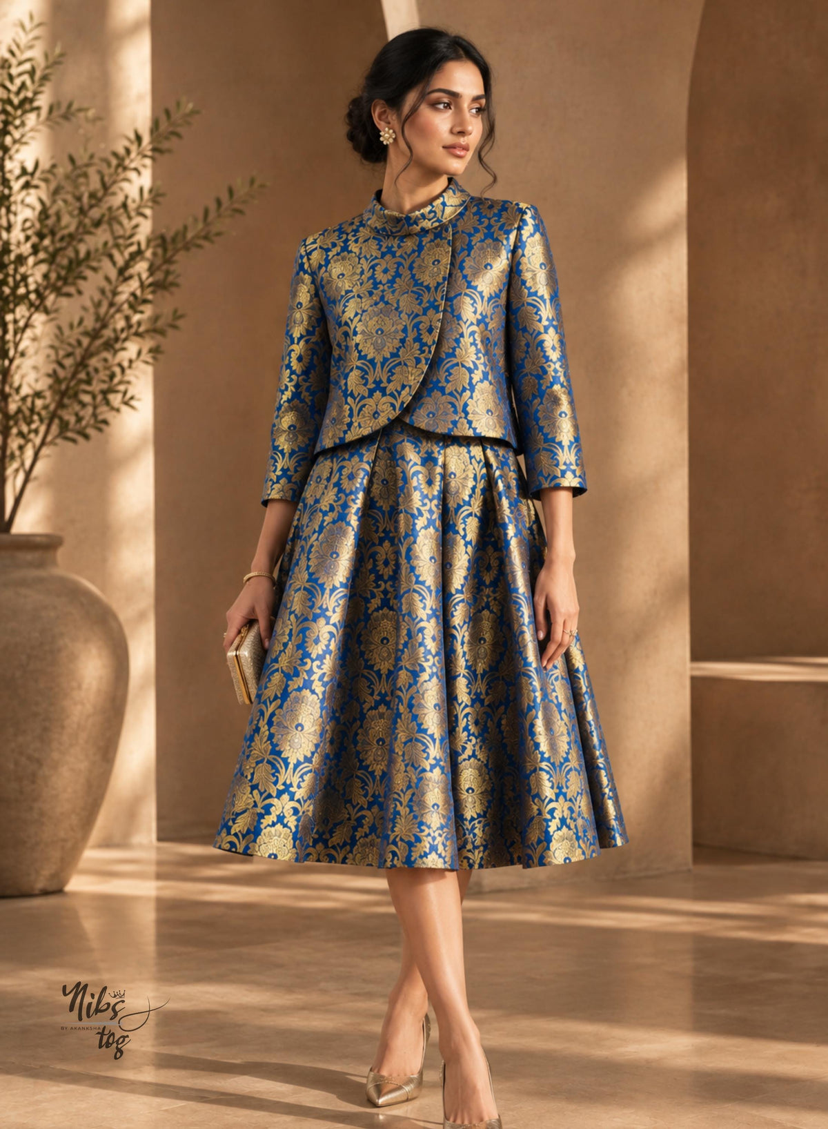 Royal blue Banarasi brocade midi dress with matching jacket