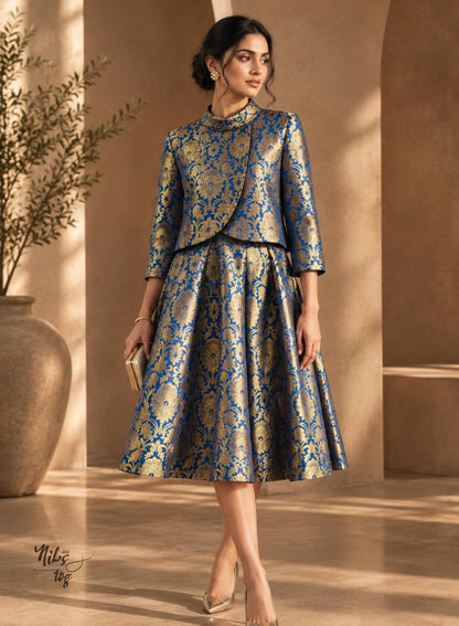 Royal blue Banarasi brocade midi dress with matching jacket