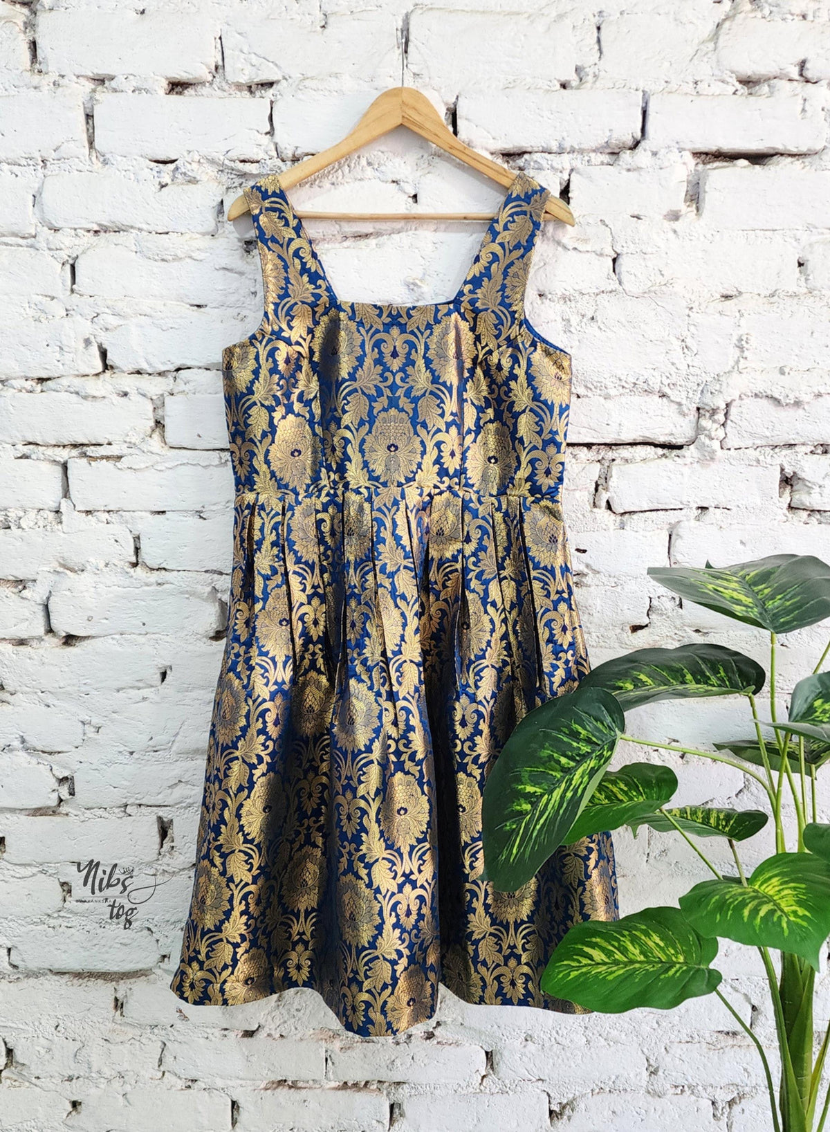 Royal blue and gold Banarasi brocade dress and jacket — product image 3