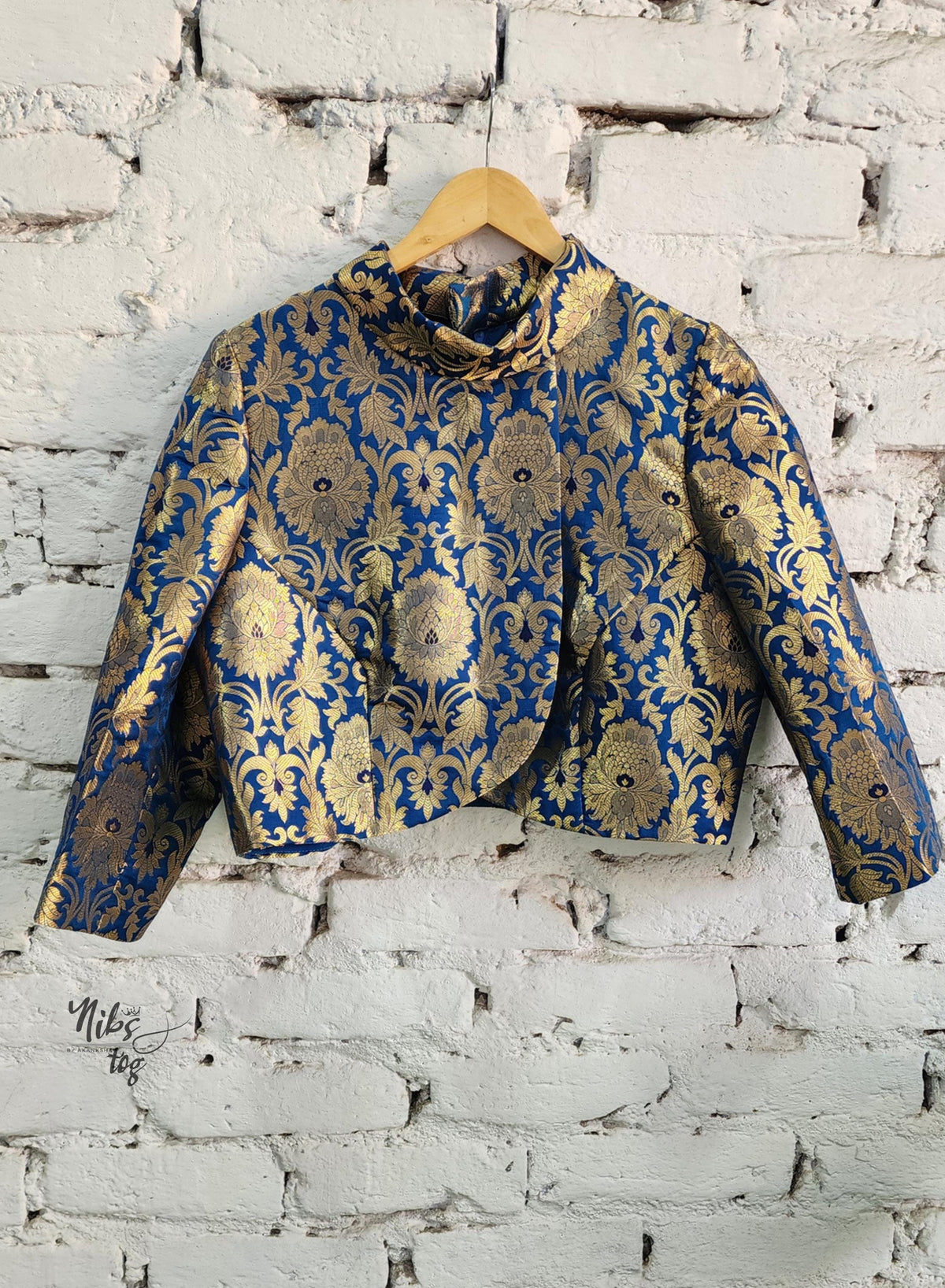 Royal blue and gold Banarasi brocade dress and jacket — product image 4