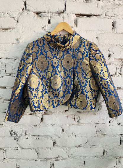 Royal blue and gold Banarasi brocade dress and jacket — product image 4