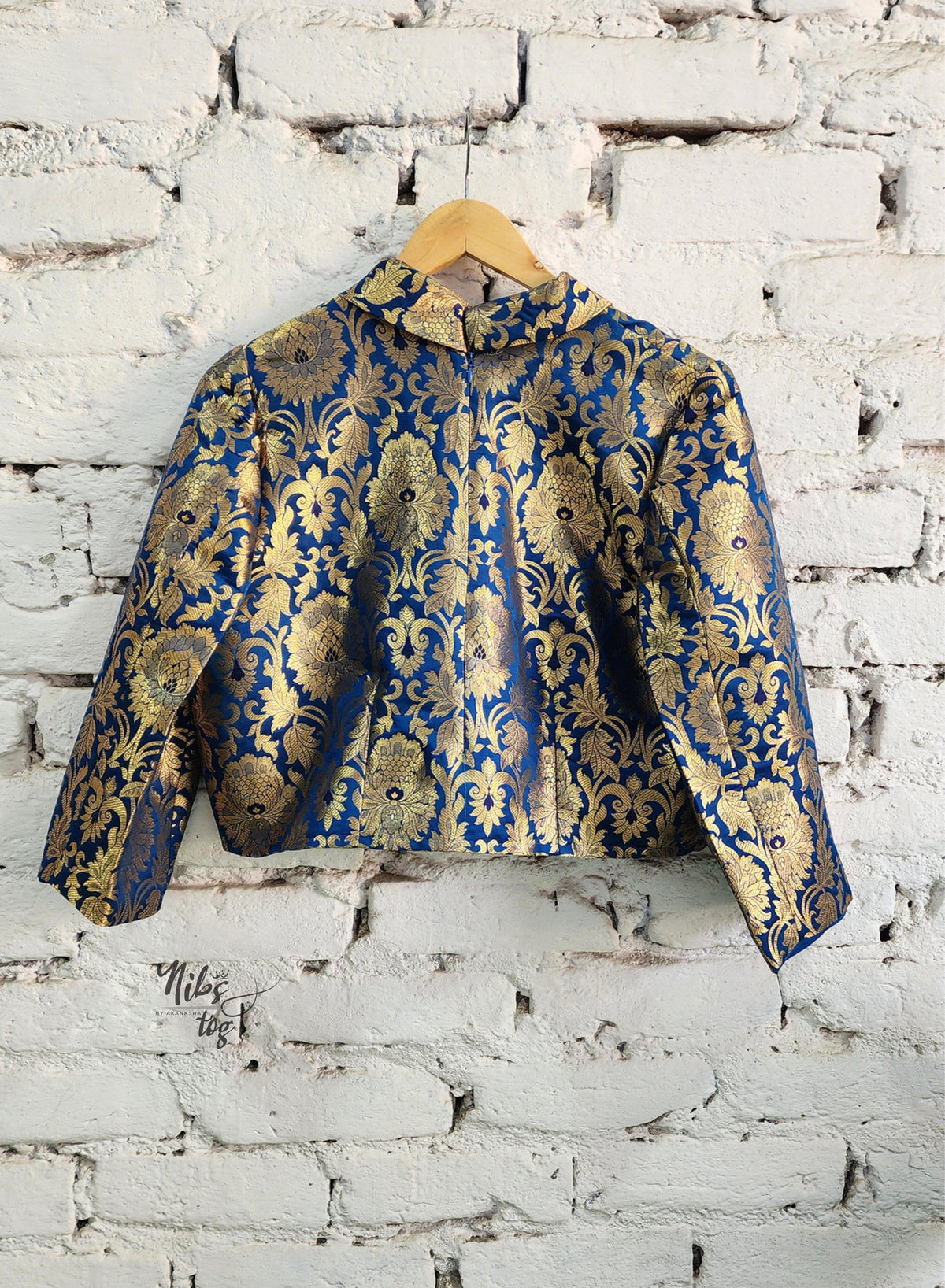 Royal blue and gold Banarasi brocade dress and jacket — product image 5