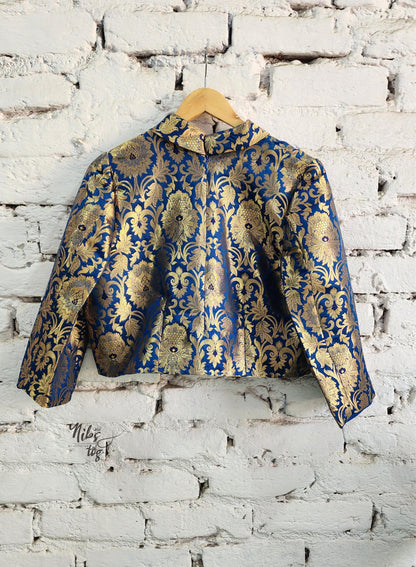 Royal blue and gold Banarasi brocade dress and jacket — product image 5