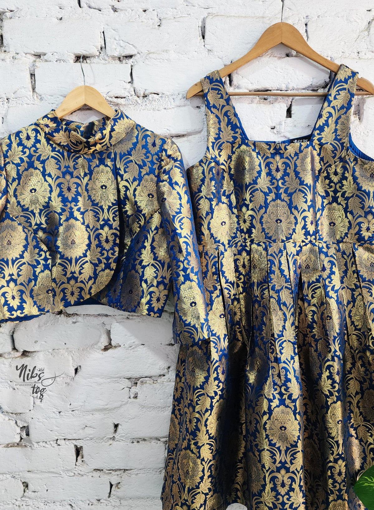 Royal blue and gold Banarasi brocade dress and jacket — product image 6