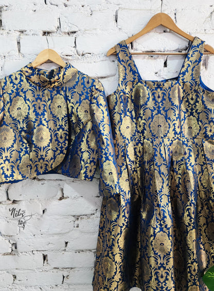 Royal blue and gold Banarasi brocade dress and jacket — product image 6