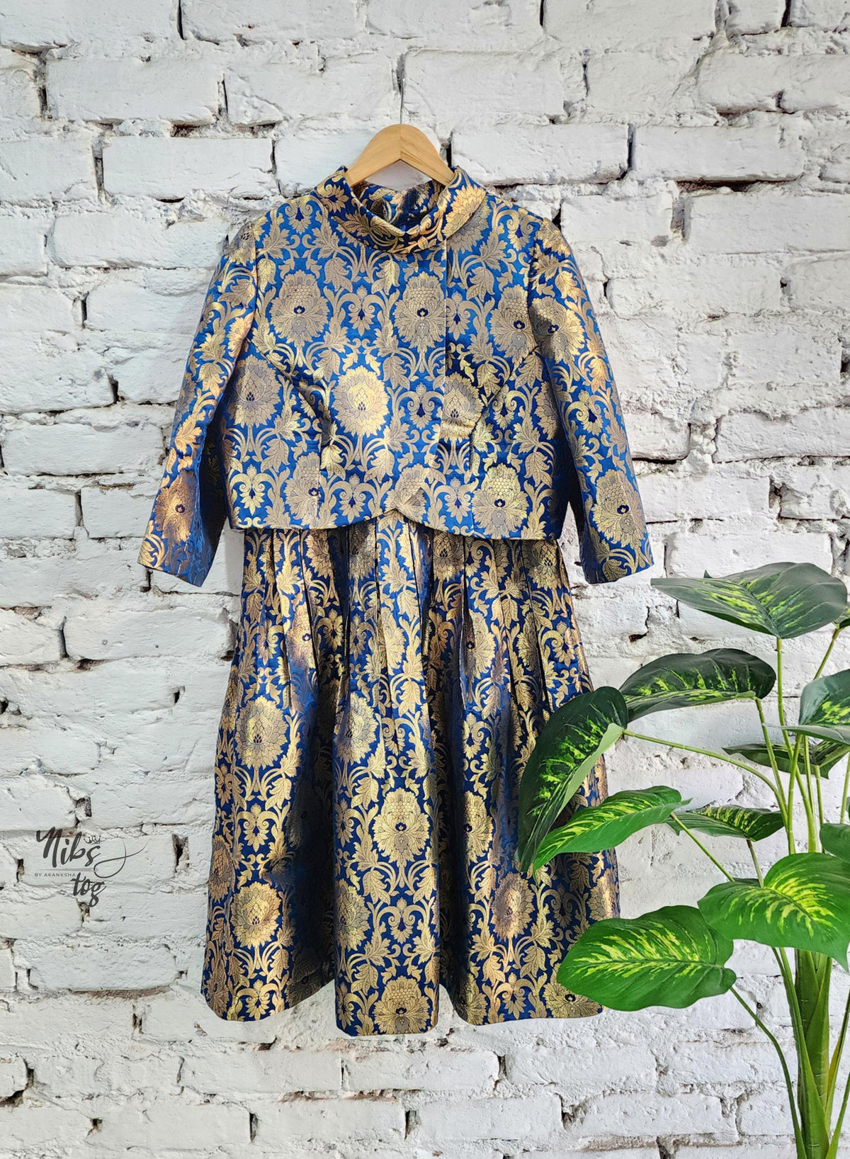 Royal blue and gold Banarasi brocade dress and jacket — product image 8