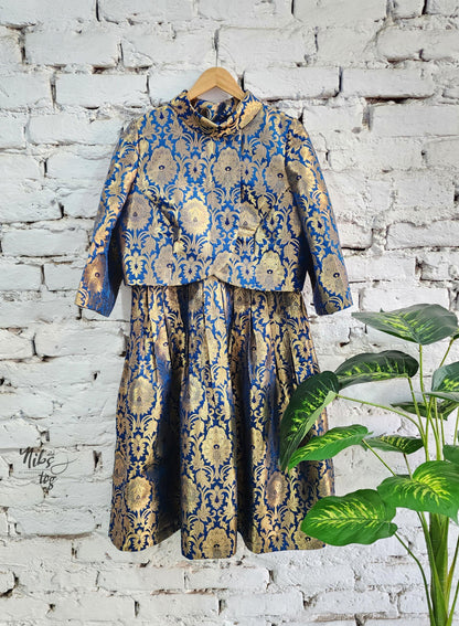 Royal blue and gold Banarasi brocade dress and jacket — product image 8
