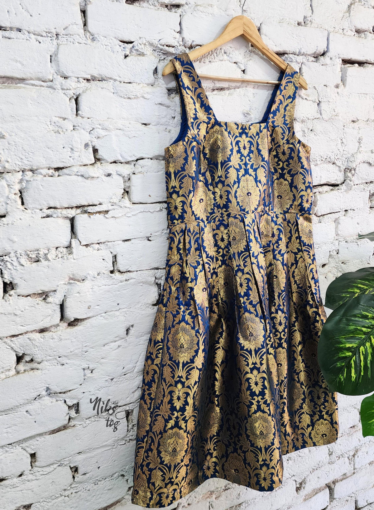 Royal blue and gold Banarasi brocade dress and jacket — product image 9