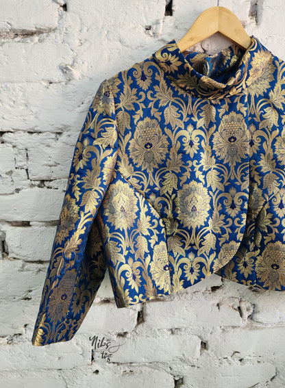 Royal blue and gold Banarasi brocade dress and jacket — product image 12