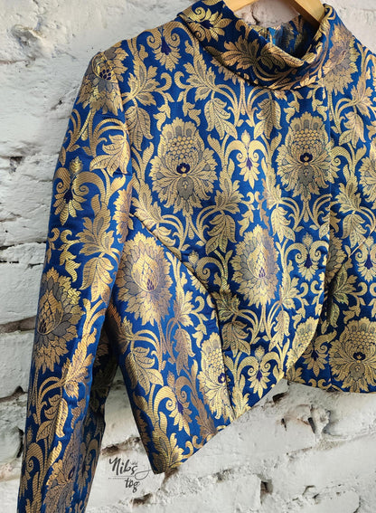 Royal blue and gold Banarasi brocade dress and jacket — product image 13