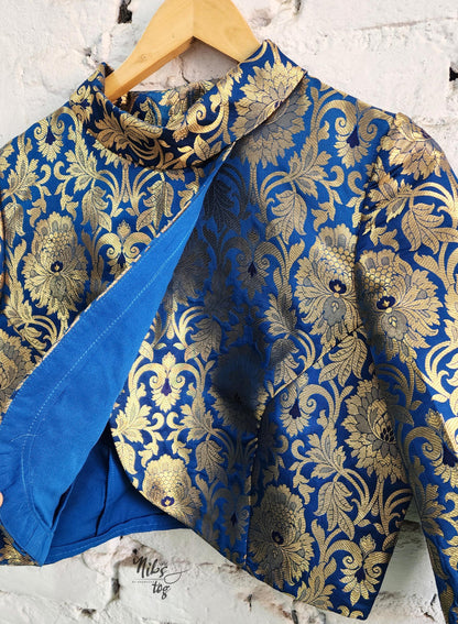 Royal blue and gold Banarasi brocade dress and jacket — product image 14