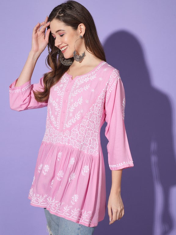 Gul Baby Pink Chikankari Short Kurta Rayon Cotton