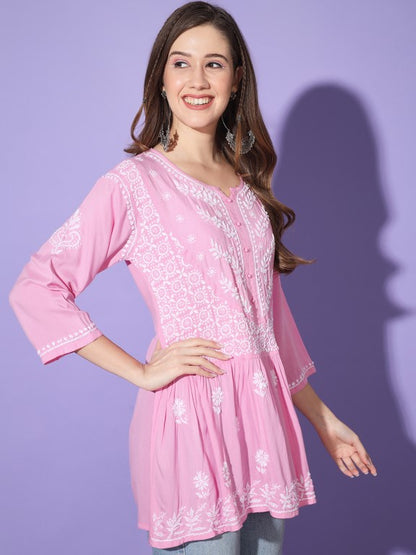Gul Baby Pink Chikankari Short Kurta Rayon Cotton