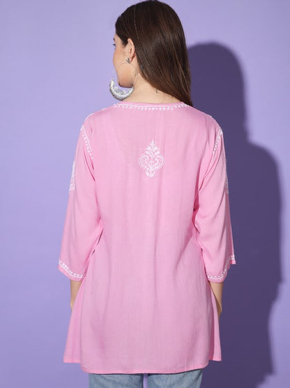 Gul Baby Pink Chikankari Short Kurta Rayon Cotton