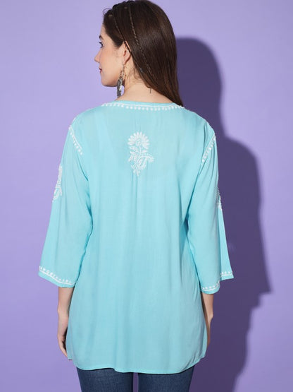 Gul Sky Blue Chikankari Short Kurta Rayon Cotton