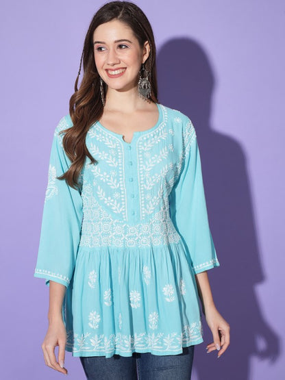 Gul Sky Blue Chikankari Short Kurta Rayon Cotton
