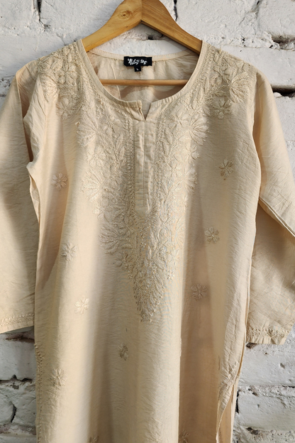 Ivory Silk Chikankari Kurta Set with Red Bandhej Dupatta