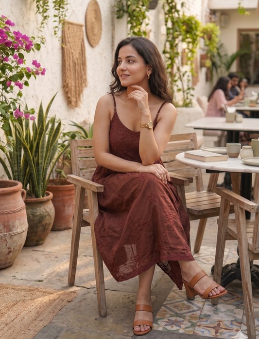 Brown Strap Tunic with Hand Chikankari Embroidery