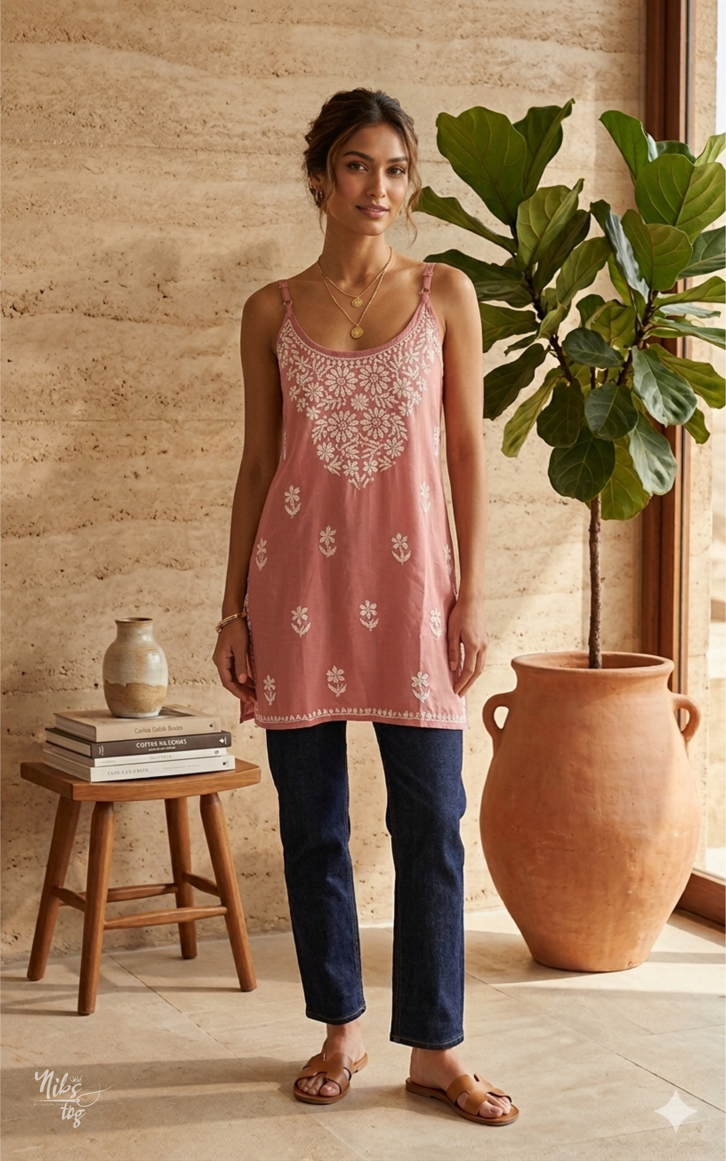 Nude Pink Nayaab Strappy Chikankari Short Kurta