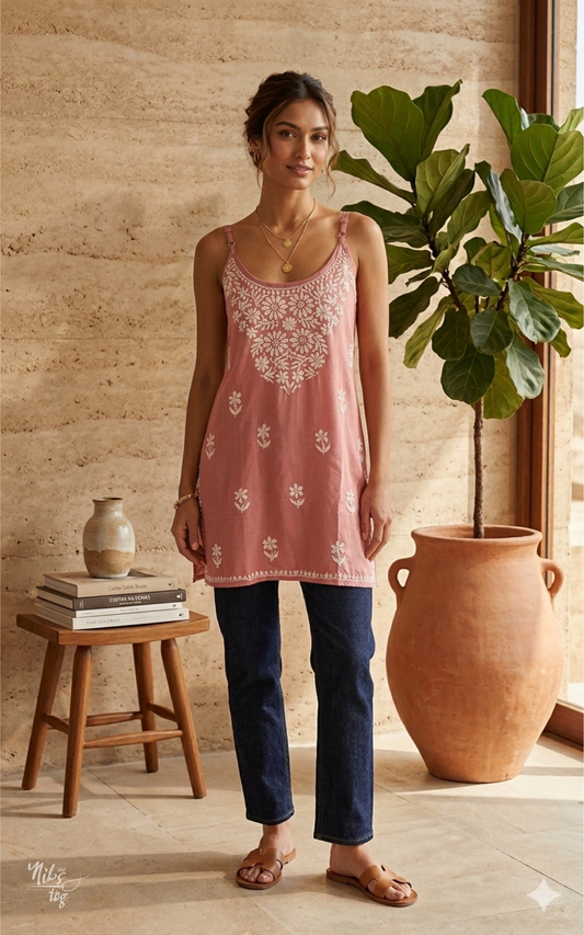 Nude Pink Nayaab Strappy Chikankari Short Kurta