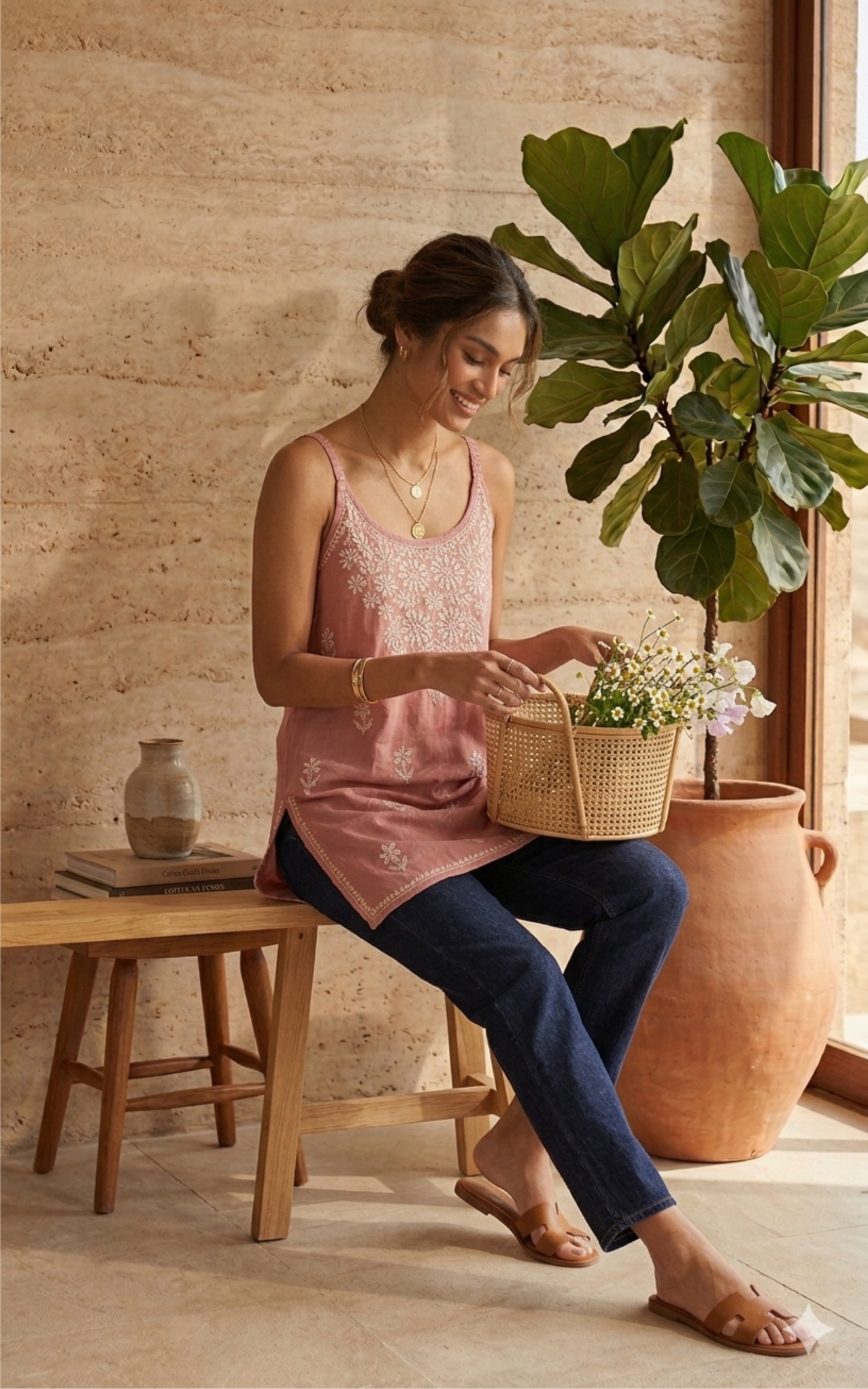 Nude Pink Nayaab Strappy Chikankari Short Kurta