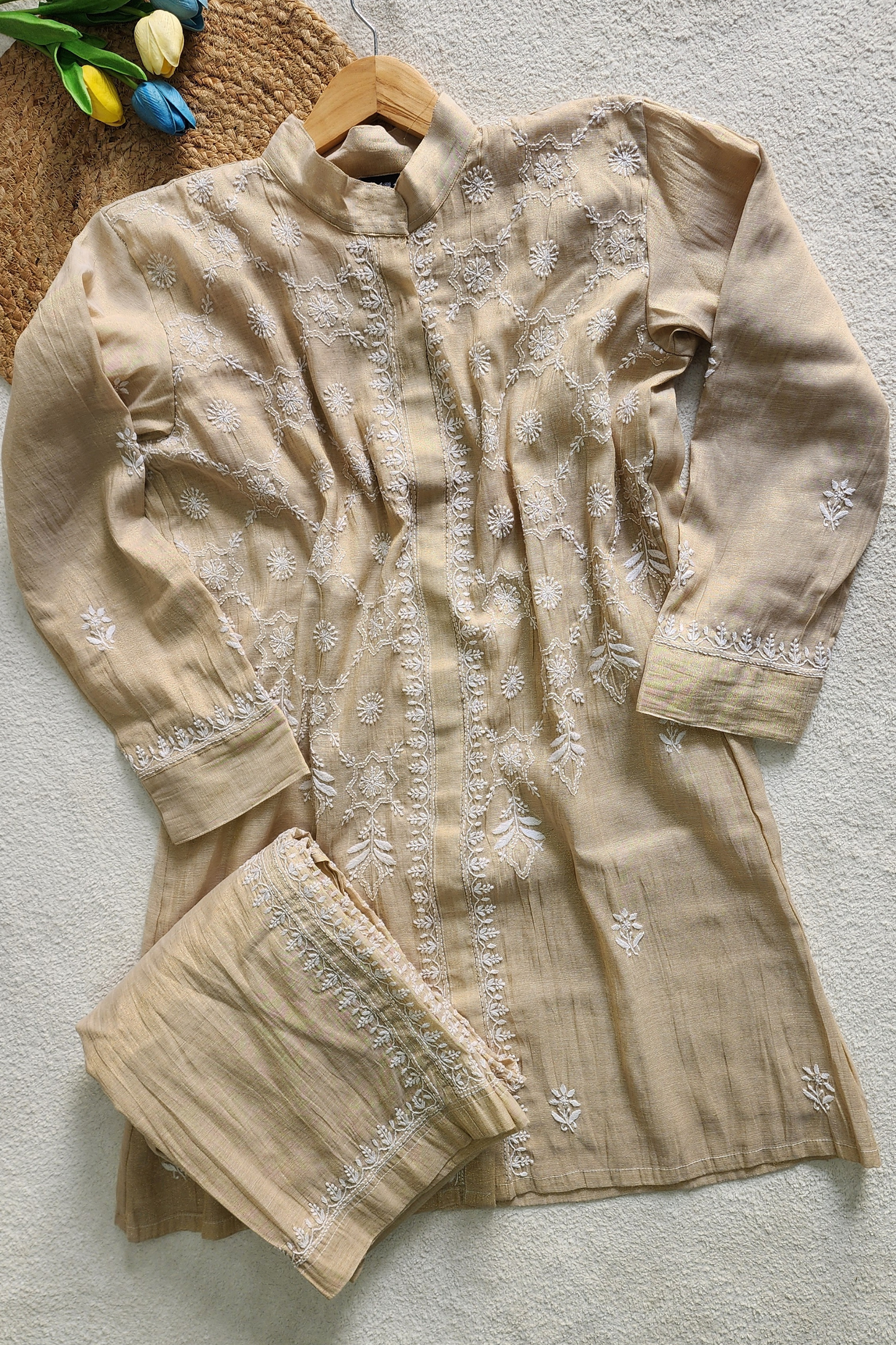 Gold Tissue Silk Chikankari Coord Set