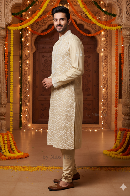 Beige Tissue Silk Chikankari Mens Kurta Pajama Set