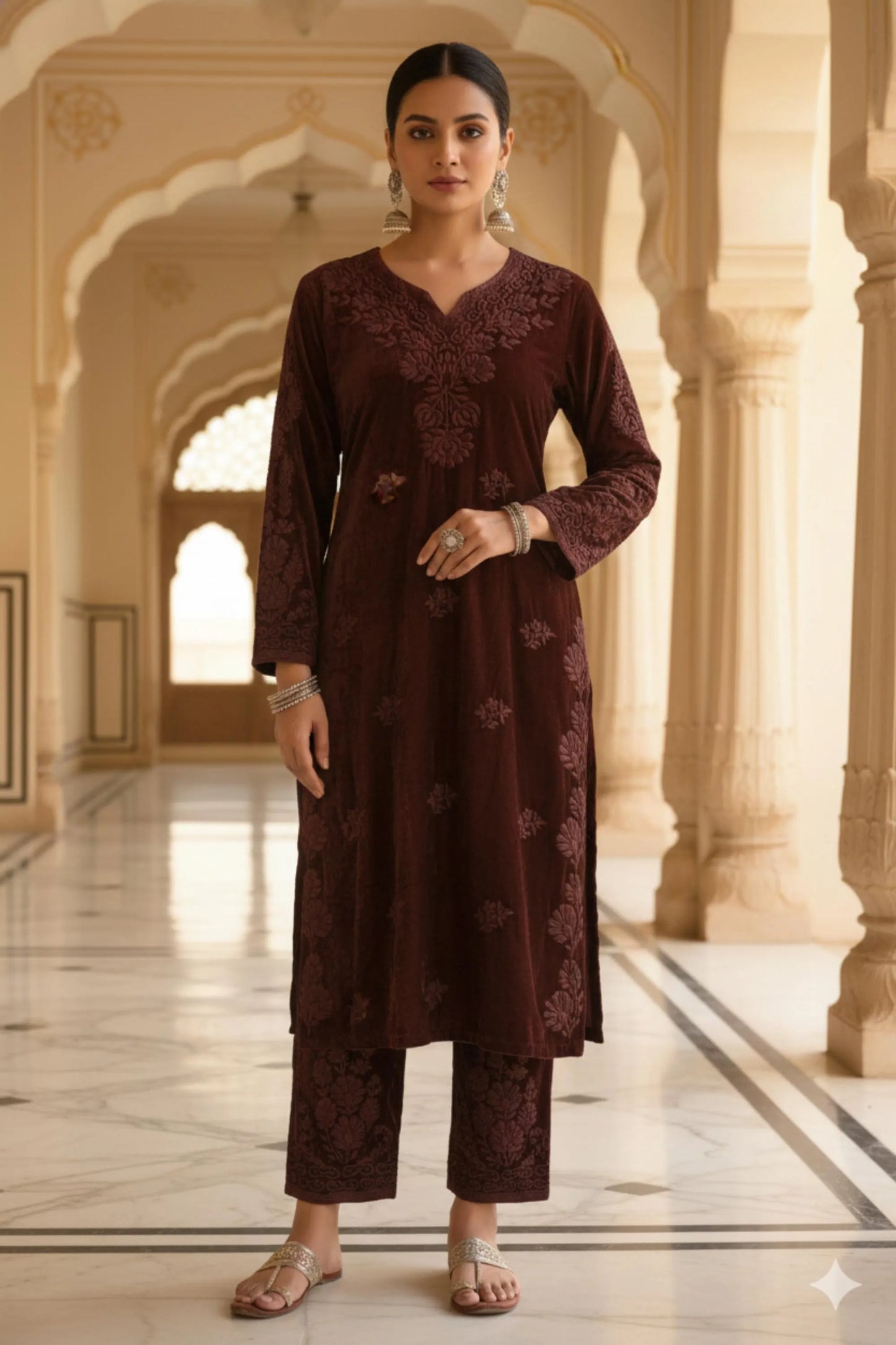 Brown Embroidered Velvet Suit