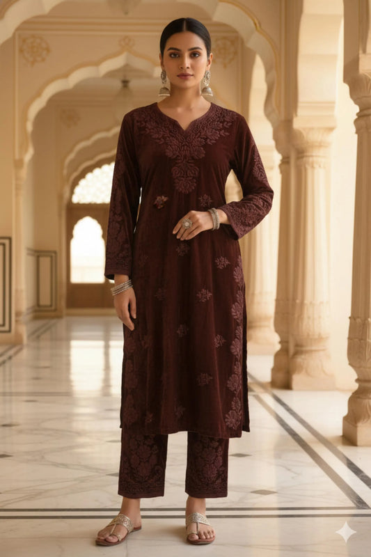Brown Embroidered Velvet Suit