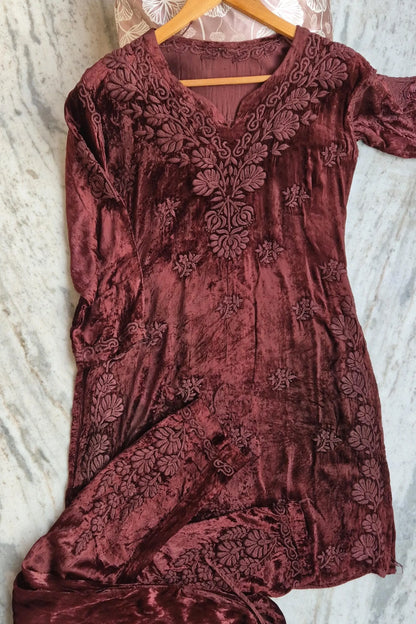 Brown Embroidered Velvet Suit