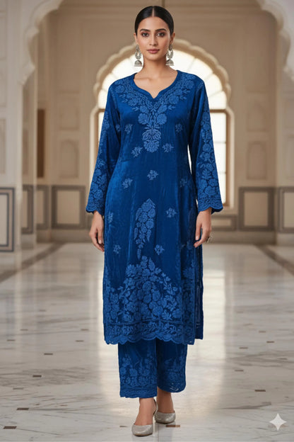 Blue Embroidered Velvet Suit