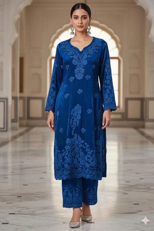 Blue Embroidered Velvet Suit