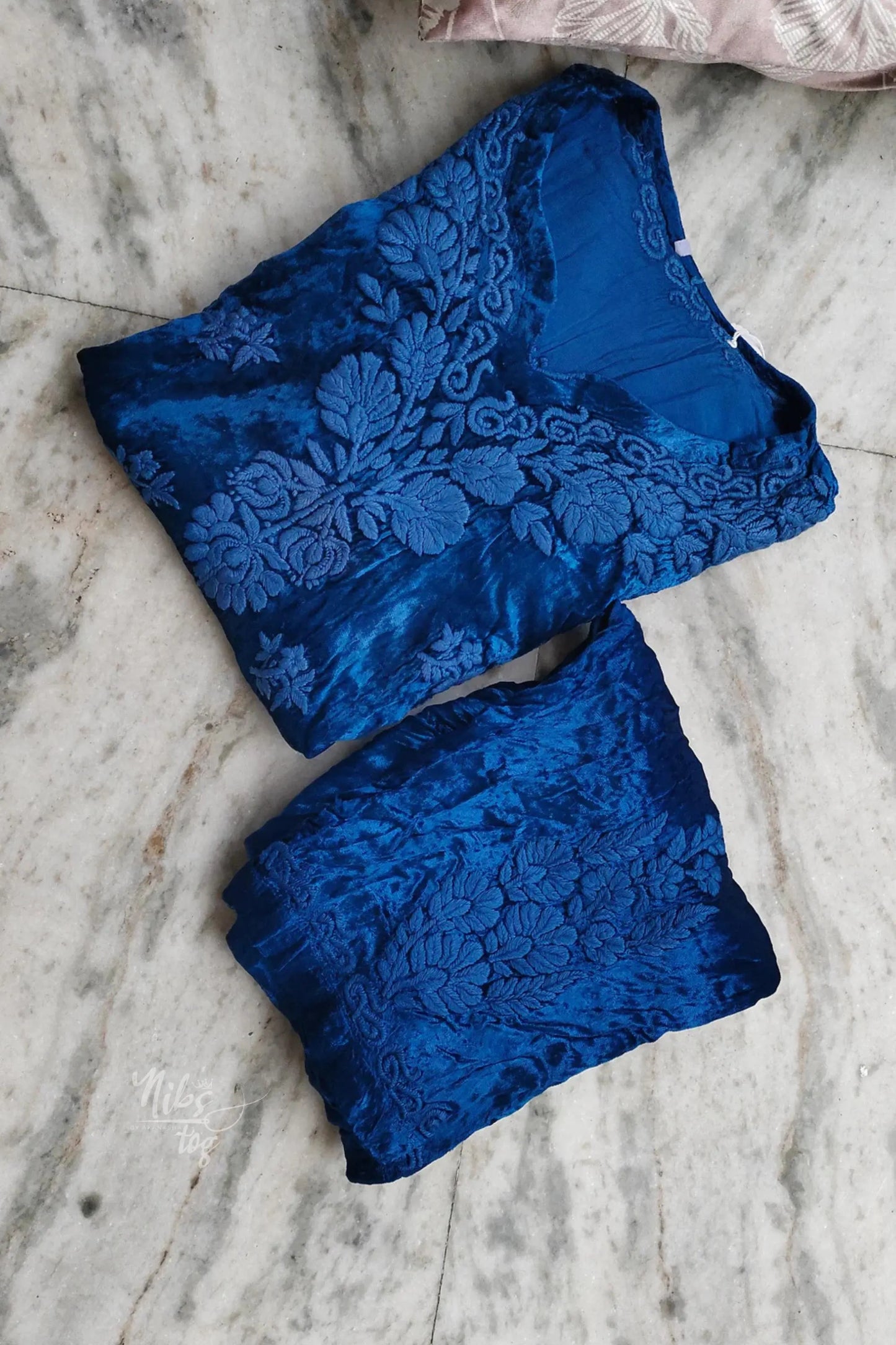 Blue Embroidered Velvet Suit