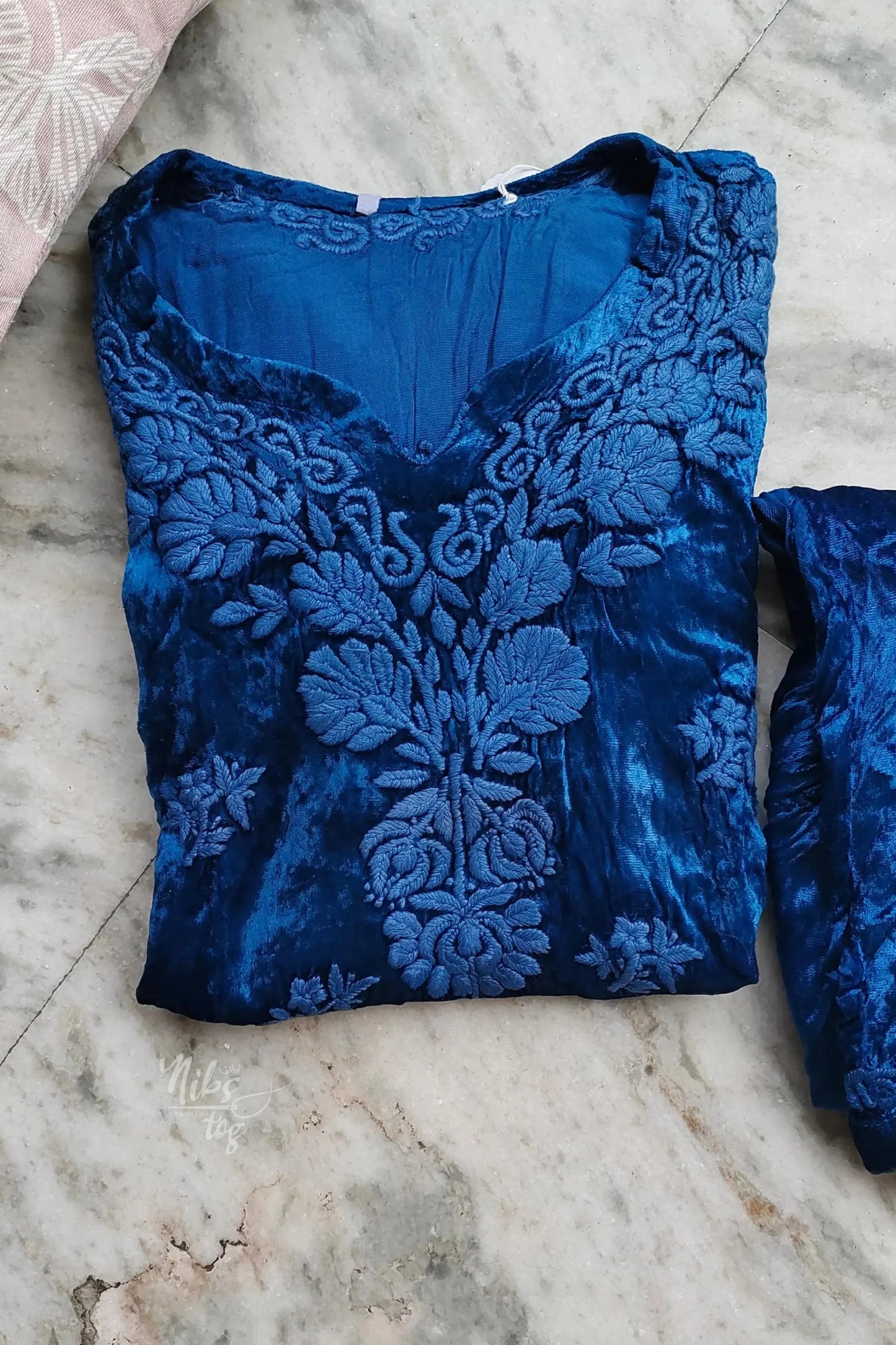 Blue Embroidered Velvet Suit