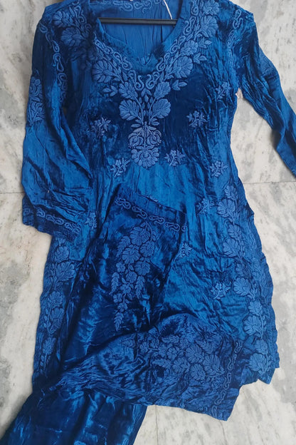 Blue Embroidered Velvet Suit