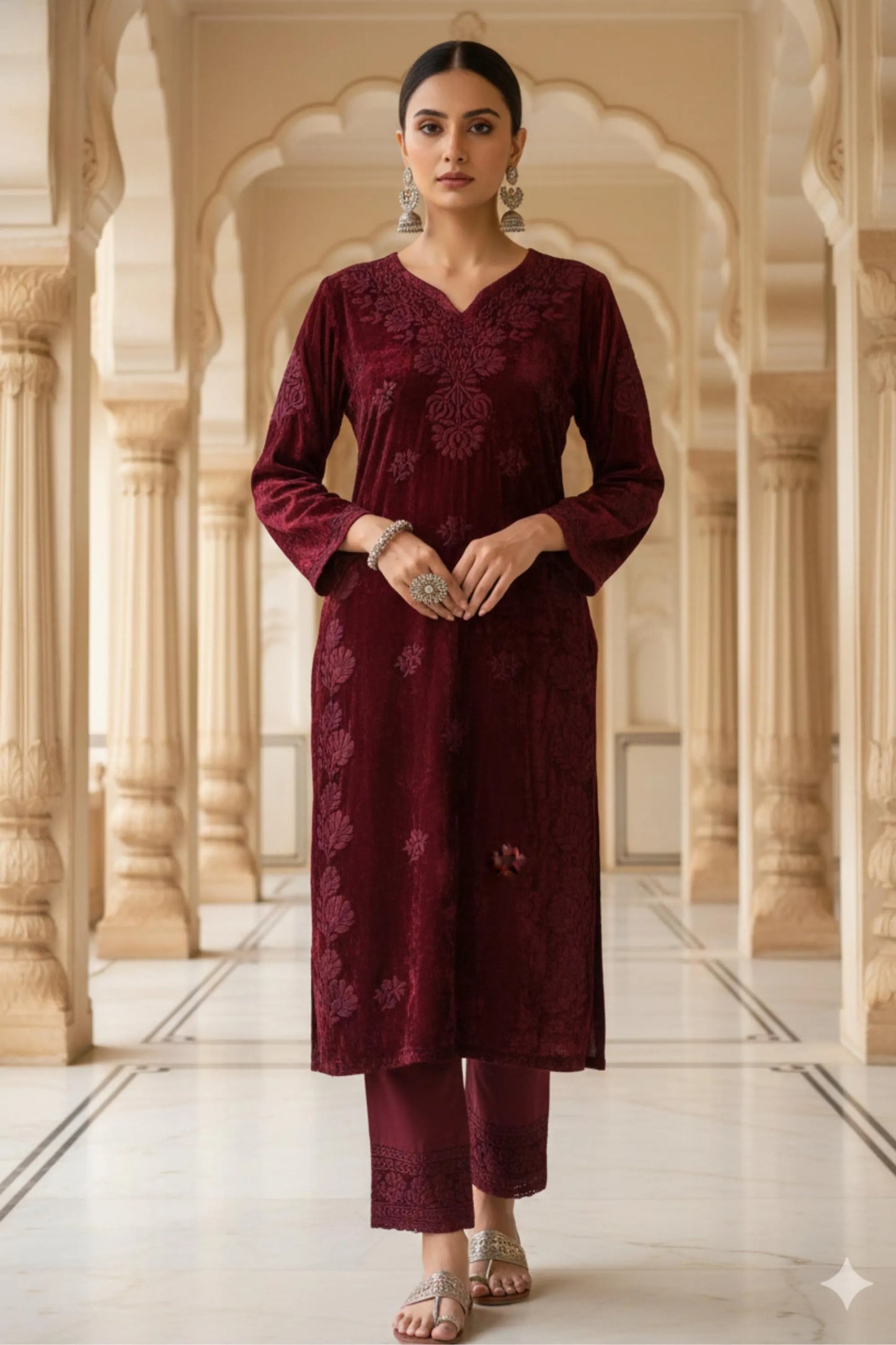 Maroon Red Embroidered Velvet Suit