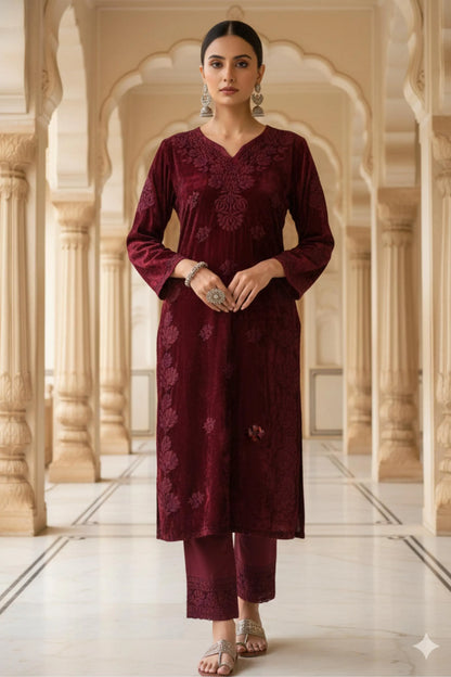 Maroon Red Embroidered Velvet Suit