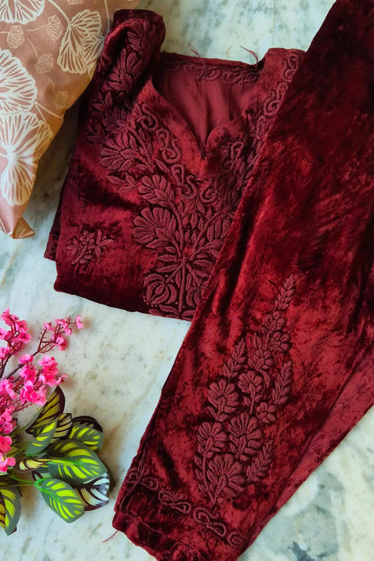 Maroon Red Embroidered Velvet Suit