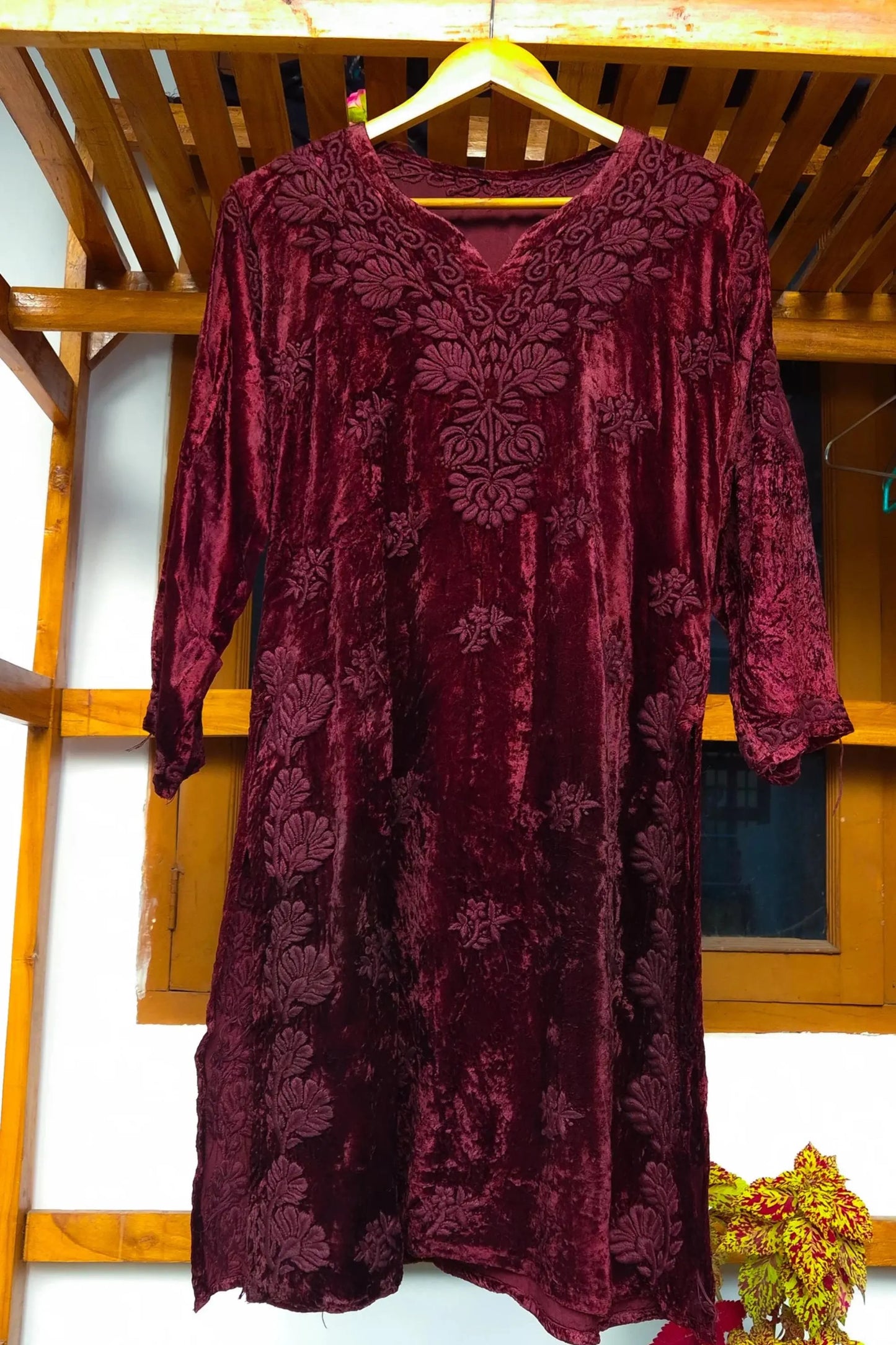 Maroon Red Embroidered Velvet Suit