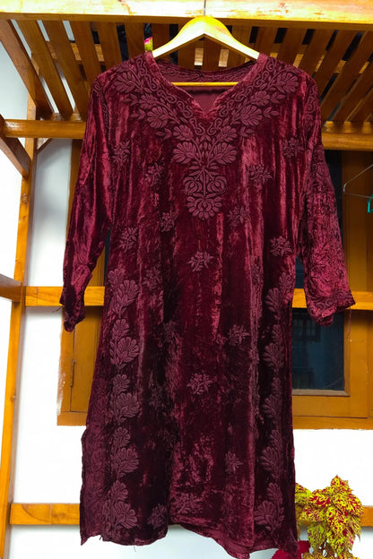 Maroon Red Embroidered Velvet Suit