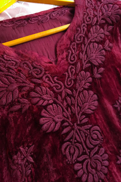 Maroon Red Embroidered Velvet Suit