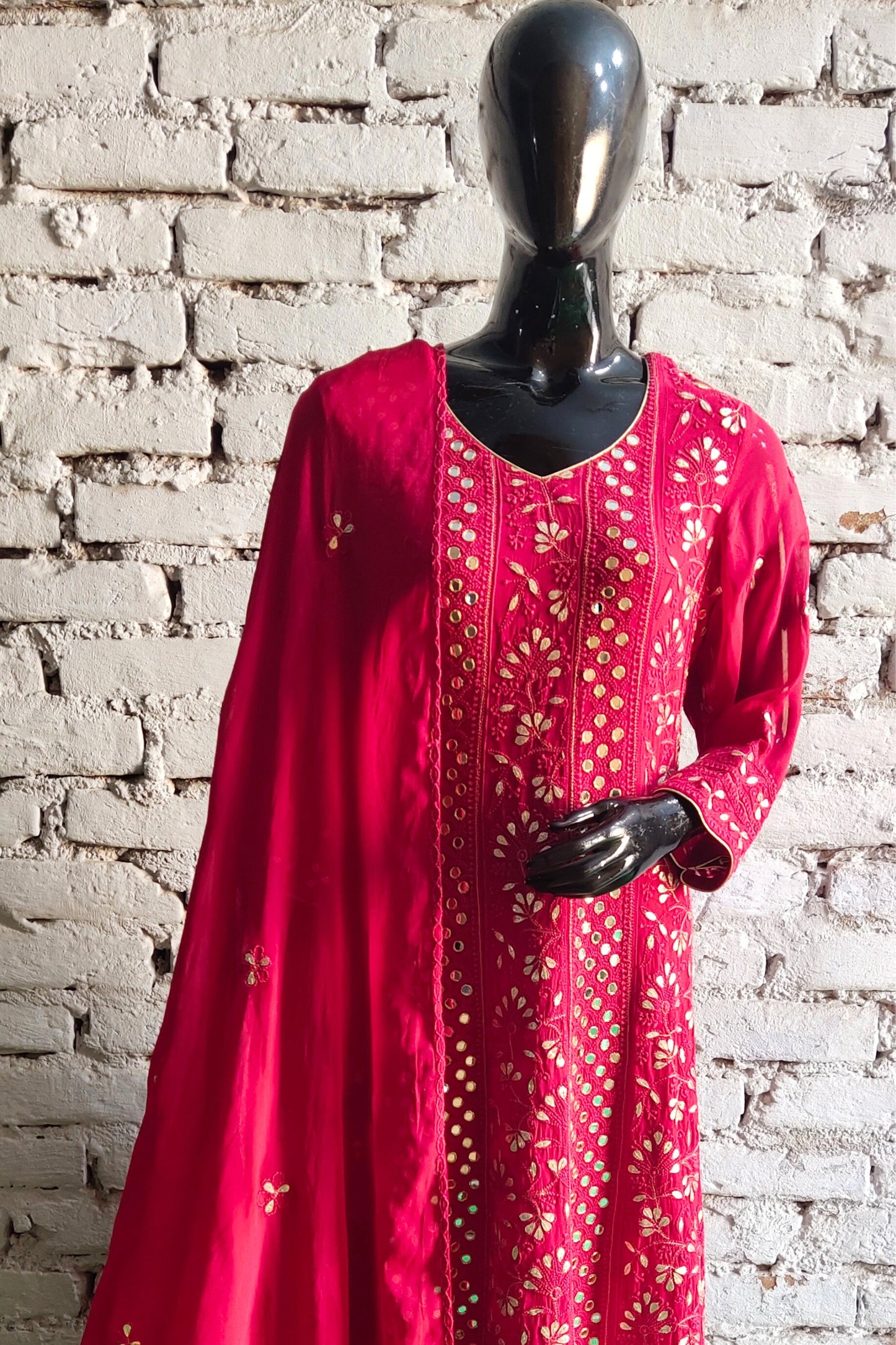Deep Red Chikankari Anarkali Suit with Gotta Patti and Mirror