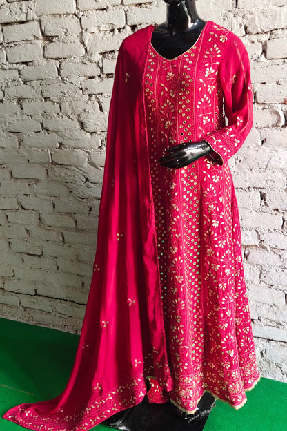 Deep Red Chikankari Anarkali Suit with Gotta Patti and Mirror