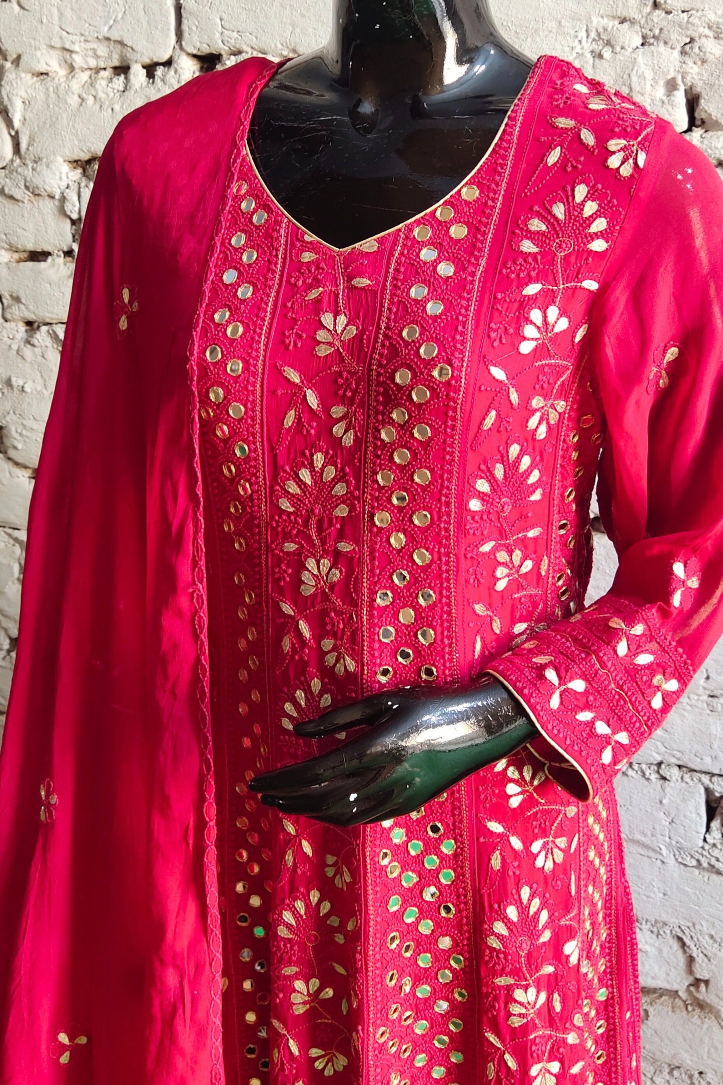 Deep Red Chikankari Anarkali Suit with Gotta Patti and Mirror
