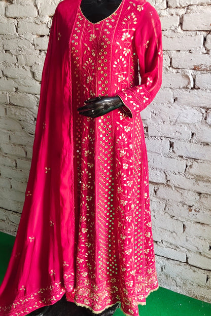 Deep Red Chikankari Anarkali Suit with Gotta Patti and Mirror